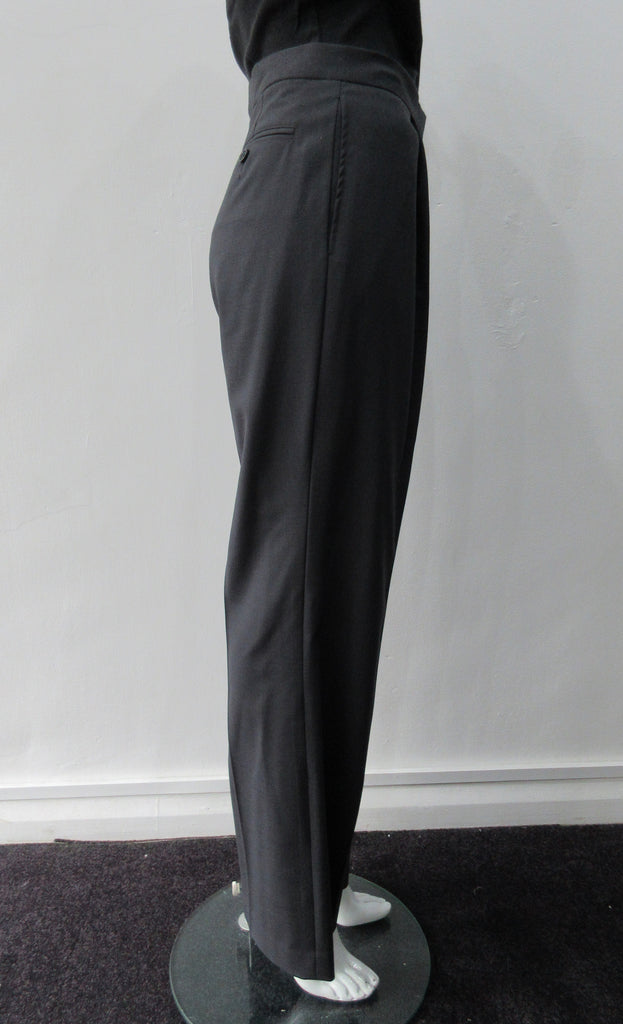 Fully tailored wool trouser with front single pleats.  Deep charcoal colour. Paritally lined to mid-leg. Inseam 82cm, Outseam 100cm 100% Wool Lining: 100% Rayon Dry Clean Only