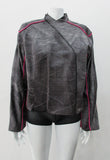 Side Zip Jacket. Assymetrical side front zip jacket featuring abstract stitching incorporated into the fabric for a geometric feel. Rich deep grey colour with pink piping accents on shoulder and sleeve panels. Fully lined. CB length 53cm. Sleeve length from side neck point 75cm. 400g approximate weight. 29% Nylon, 22% Viscose, 28% Cotton, 12% Linen, 2% Polyester. Lining: 100% Rayon. Dry Clean Only. Made in Canada