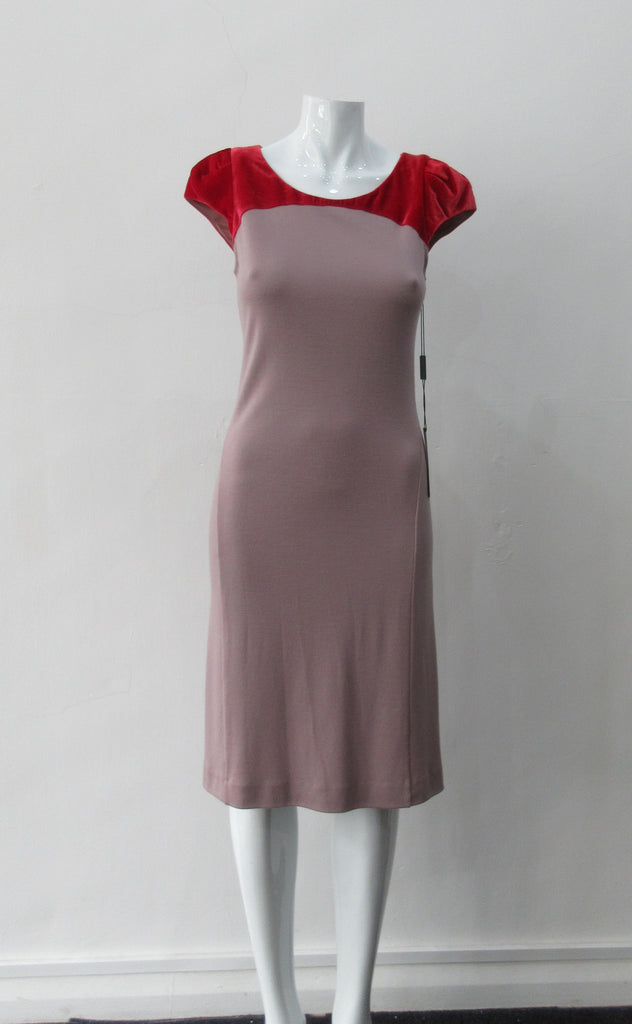 Contrast Yoke Dress, Soft Wool Jersey dress in light taupe with red velvet contrast yoke. Size 10. Dress length, 98cm from CB neck. 750g approximate weight. 100% Wool, Contrast: 100% Rayon. Made in England