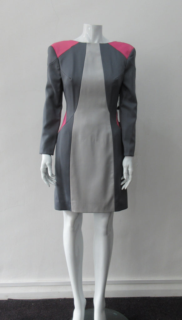 Complex Panelled Dress. Multi-panelled, multi-coloured wool dress in grey and pink panel accents. Very low back scoop to above waist.  Dress length froom CF neckpoint 90cm. 650g approximate weight. Size 8. 100% Wool, Lining 100% Rayon, Dry Cean Only. Made in England