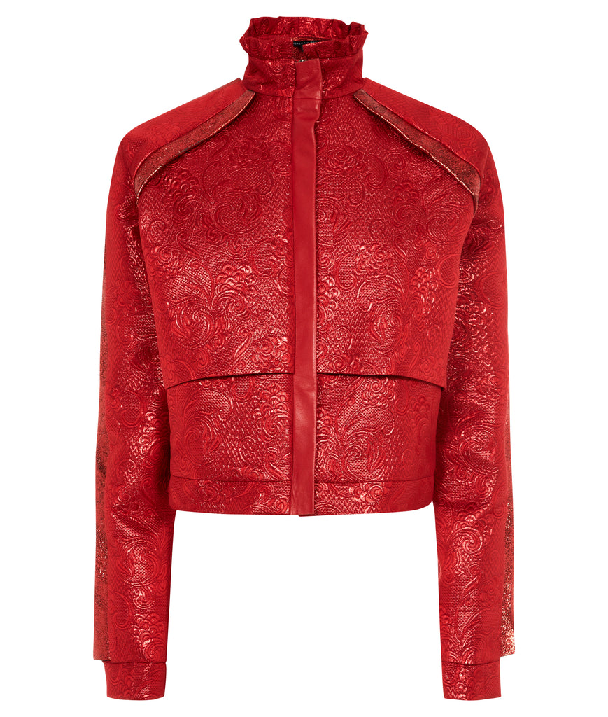 Rouge Jacket red crop shiny jacquard front image photo picture