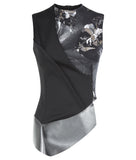 Black Curved Vest crop top asymmetric black green white print grey jersey silver peplum sleevless front image photo picture