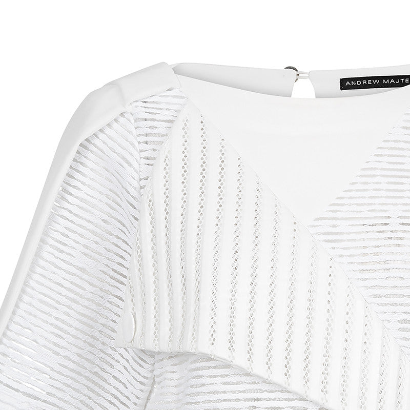 White Officer Crop top blouse solid texture stripe sleeves front close-up image photo picture