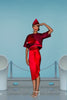 Red Flutter Skirt long asymmetrical stretch satin model image photo picture 
