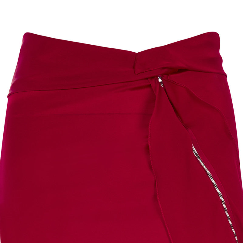 Red Flutter Skirt long asymmetrical stretch satin front close-up image photo picture 