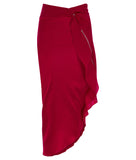 Red Flutter Skirt long asymmetrical stretch satin front image photo picture 