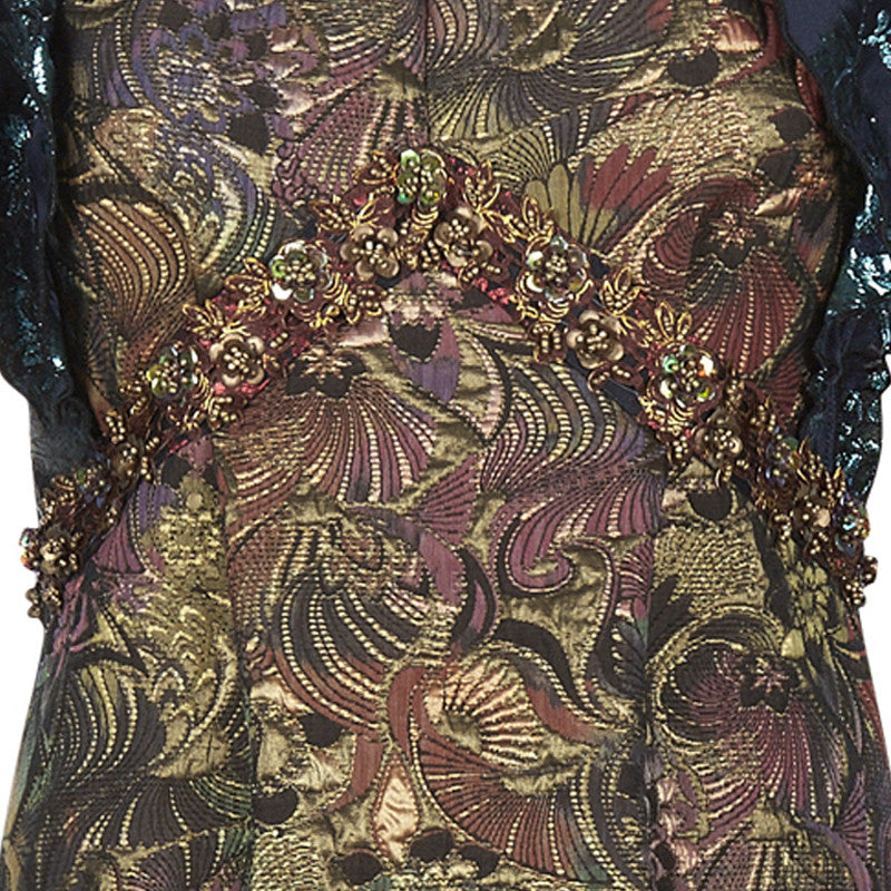 Vic Dress long sleeveless gold brass burgundy copper green trim floral jacquard front close-up image photo picture