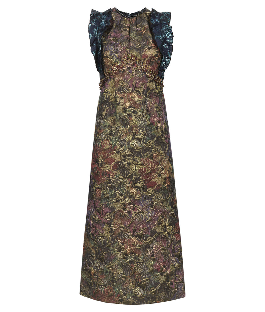Vic Dress long sleeveless gold brass burgundy copper floral jacquard front image photo picture