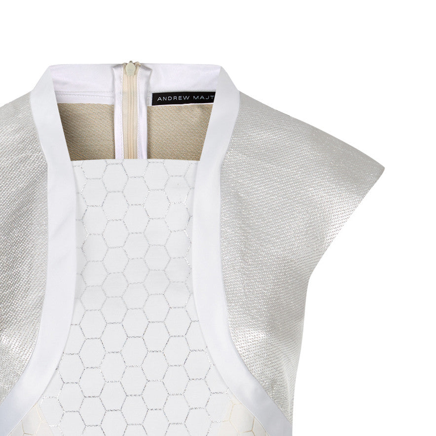 Hexagon Teir Panel Dress a-line short sleeve white silver front close-up image photo picture