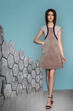 Teir Panel Dress short a-line sleeve cap pink beige texture design black white mesh contrast model image photo picture