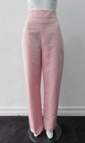 Pink Module Trouser. Pink coral semi-tailored straight leg trouser with beige hexagon textile deisgn. Featuring a relaxed fit and side zipper and front pockets. Extra long legs for the taller woman; can also be shortened to size. Inseam 90cm, Outseam 115cm. 230g approximate weight. 79% Polyester, 21% Linen. Dry Clean Only. Made in England