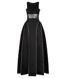 Black Burgundian Dress long formal evening gown sleevelss black silver hexagon texture piping front image photo picture