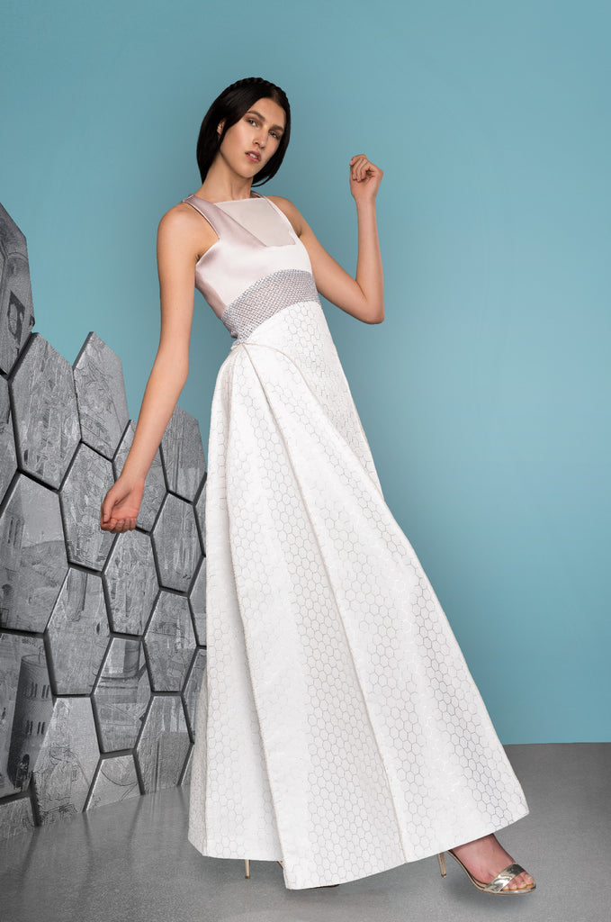 Burgundian Dress formal long sleeveless gown white hexagon black mesh pink satin front model photo picture