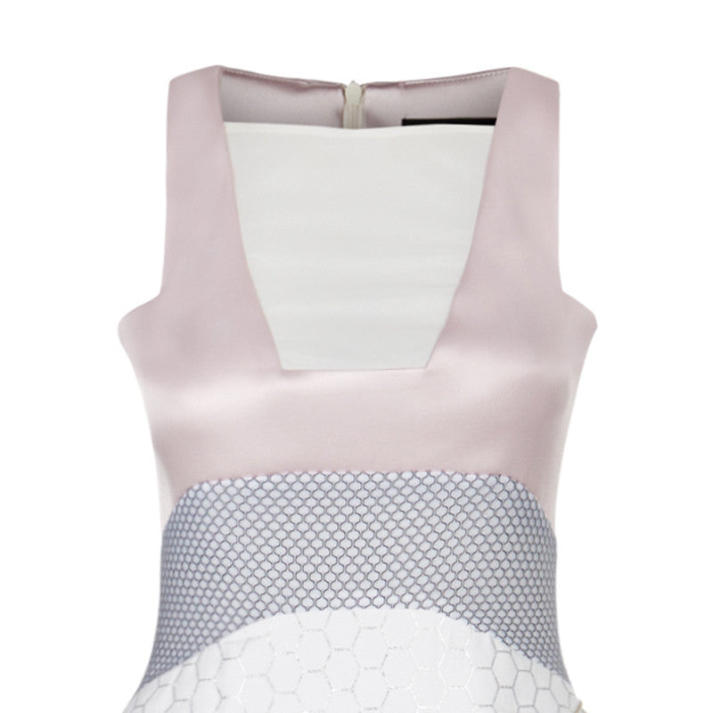 Burgundian Dress formal long sleeveless gown white hexagon black mesh pink satin front close-up image photo picture