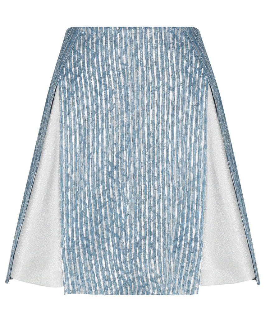 Blue Split Godet Skirt blue silver stripe texture front image photo picture