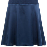 Collared Swing Dress mid-length pleated short sleeve blue satin textured hexagon front close-up image photo picture