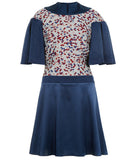 Collared Swing Dress mid-length pleated short sleeve blue satin textured hexagon front image photo picture