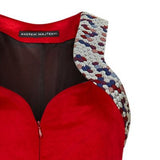 Red Jumpsuit pantsuit one piece velveteen velvet contrast hexagon panel close-up image photo picture