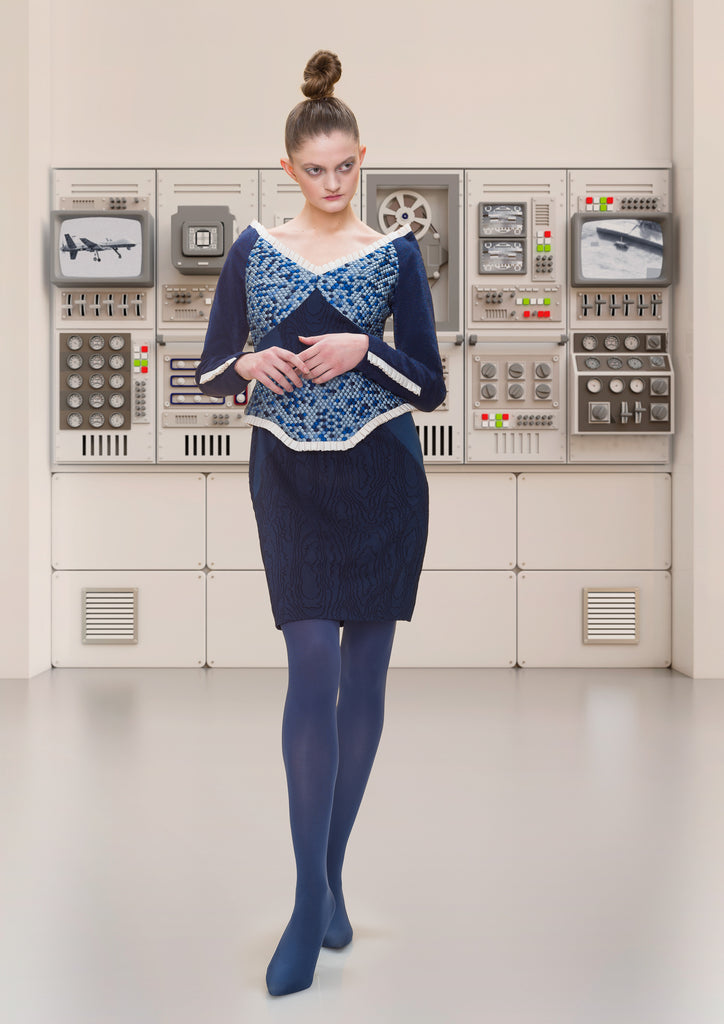 Navy Blue Drop Shoulder Dress mid length peplum contrast panel hexagon cream pleated trim model image photo picture