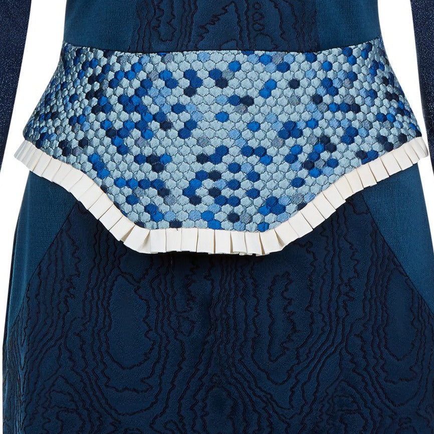 Navy Blue Drop Shoulder Dress mid length peplum contrast panel hexagon cream pleated trim close-up image photo picture
