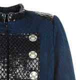 Dark Flap Jacket outwear coat navy blue military textured shine silver buttons front close-up image photo picture