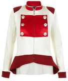 White Flap Jacket military style jacket in a cropped version, featuring red knit lapels. Textured folding buttoned lapels with a centre front zip closure. CB length 66cm. Sleeve Length 77cm
