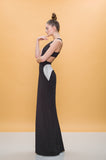 Black Cutted Dress long eveningwear gown formal sleevelss stretch front model image photo picture