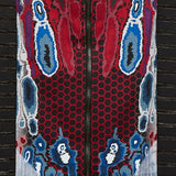 Print Cape long open backless black trim burgundy red blue beige white front close-up image photo picture
