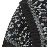 Zip Caper open back black grey gray hexagon solid pleats silver trim front close-up image photo picture