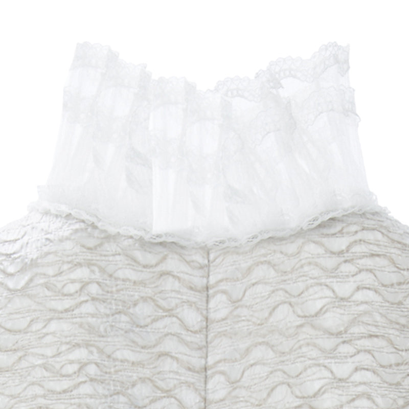 Square Squiggle Dress short sleeves taupe panel beige square texture white lace trim cback close-up image photo picture