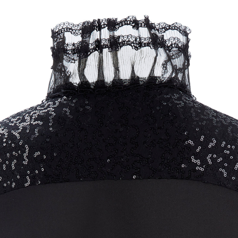 Dark Bomber Jacket crop coat outerwear black sequin lace snaps back neck close-up image photo picture