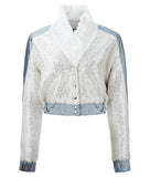 Bomber Jacket crop coat outerwear silver sparkle beige gray grey contrast lace collar snaps front image photo picture