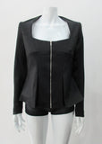Dark Corset Jacket. Geometric cut lower front metal zip jacket with flared peplum-style hem in medium length. Designed for a tighter fit around the bust area. In solid black with slight stretch. CB length 63cm. Sleeve length from side neck point 78cm. 750g approximate weight. 95% Polyester, 5% Spandex Lining: 100% Viscose. Dry Clean Only. Made in England