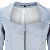 Corset Jacket godet dropped neckline grey gray stretch satin front close-up image photo picture