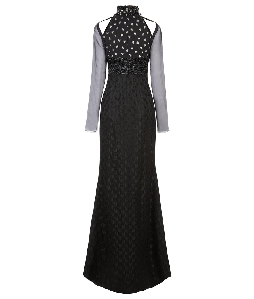 Tri Point Dress evening gown sheer long sleeve black contrast weave white flower back image photo picture