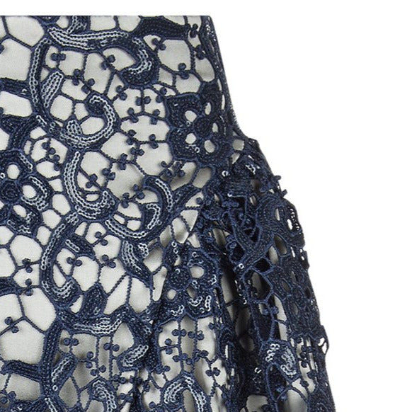 Dark Sahara Skirt long gathered swing navy blue sparkle lace front close-up image photo picture