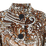 Duster Coat outerwear rust beige copper paisley texture buttons swing cut front close-up image photo picture