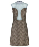 Deep Dip Dress. Sleeveless shift dress in rectangular diagonal tiled weave design in taupish brown. CF dips below bustline, almost to waistline, compiled with sea green sheer mesh. Rib knit collar 4.5cm height. Dress length from CB neckpoint 91.5cm. 50g approximate weight. 80% Nylon, 20% Viscose Contrast: 100% Nylon. Dry Clean Only. Made in England
