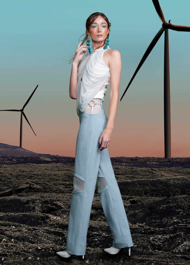 Round Waist Trouser. Straight leg trouser in sea green stretch fabric with mesh knee panel detail and piping. 3 blade turbine concept design on side hips over sheer mesh. CB invisible zipper. Inseam 86cm, Outseam 117cm. 110g approximate weight.