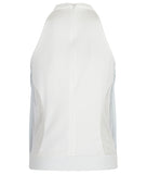 Sheer Gathered Top. Sleevless top in thick white scuba with lower side panel mesh trim. Covered silky sheer mesh gathered over top, attaching to collar. CB invisible zipper. Length from CB neckpoint 54cm. 100g approximate weight.
