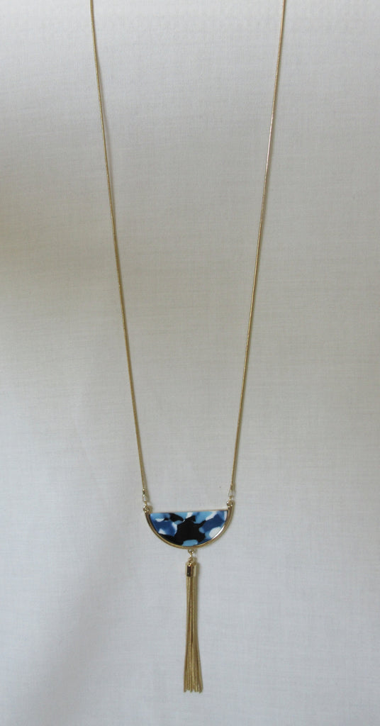 Gold colour tassled tassle dark blue white necklace image photo picture