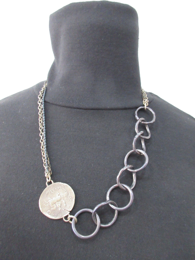 Karyn Chopik 8 Ring & Coin Necklace with multi-chain combination, Item Number: N1166, Open length 52cm, 29cm lenth when worn, 38 grams approximate weight. Made in Canada