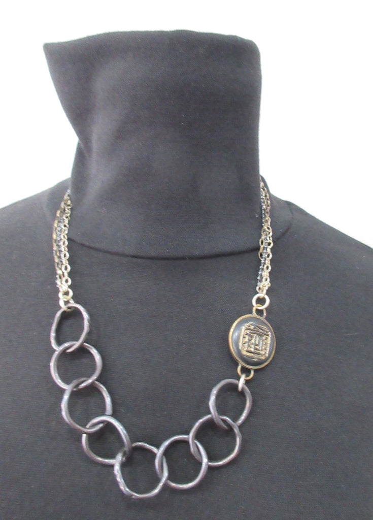 Karyn Chopik 8 Ring & Medallion Necklace with multi-chain combo. Item Number N1166, Sterling Silver with Antiquated Brass, Copper, 54cm full length open, 28.5cm maximum length when worn, Made in Canada
