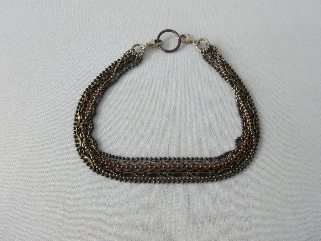 Karyn Chopik Multi Chain Choker, Sterling Silver, Antiquated Brass, Copper.  7 sets of chains.  Open length 39cm, 80 grams approximate weight. Made in Canada