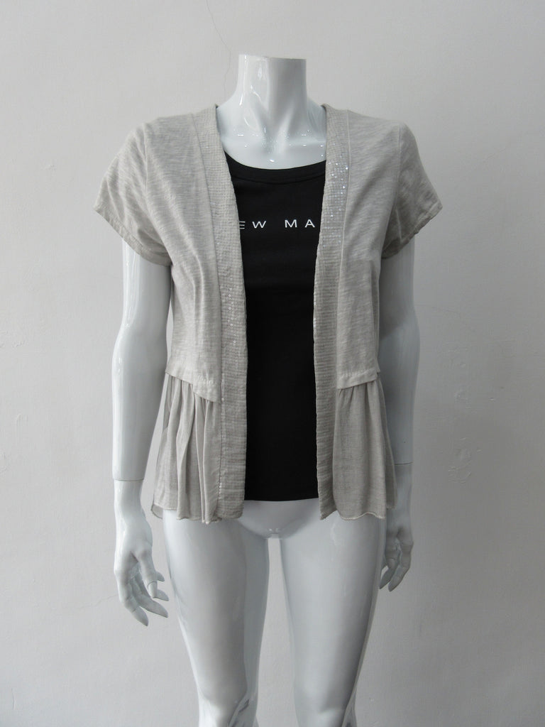 Comfortable fine knit open style cardigan with clear sequin front panel. Soft pleating below waist completly around  Art. 14003. CB Length 68cm, 200g approximate weight, 100% Cotton, Machine Wash, Hang Dry only, Made in Italy