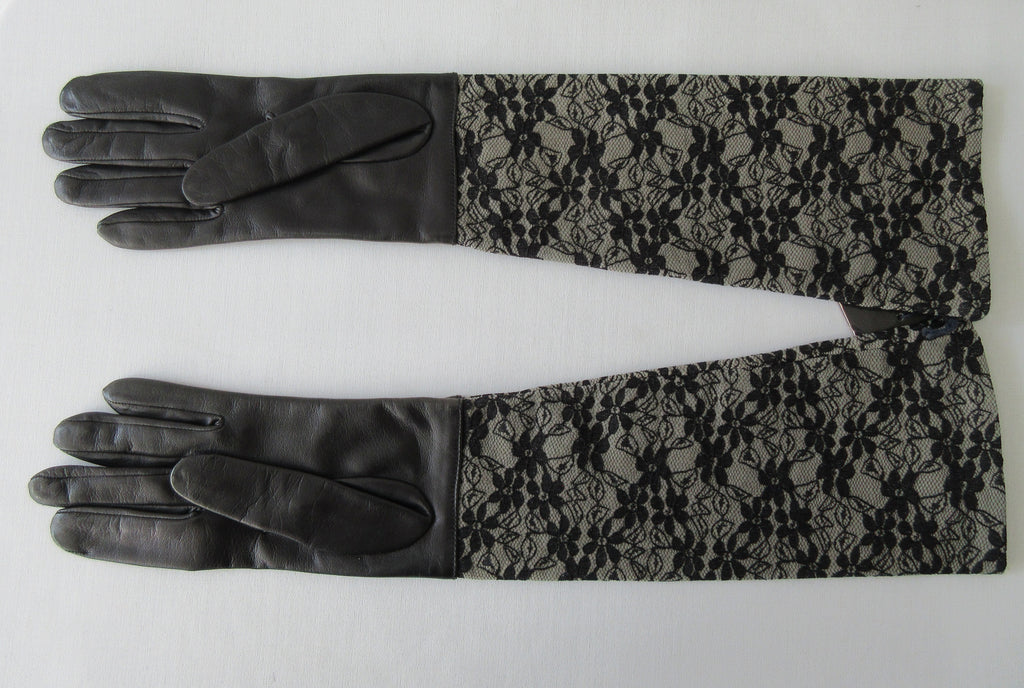 Gala Gloves Long Lace Gloves, Elbow Length. Item Number D441NZSE Nero/Grigo. Long Leather gloves topped with lace trim. Elbow Length. Black with Grey under Black Lace. Made in Italy