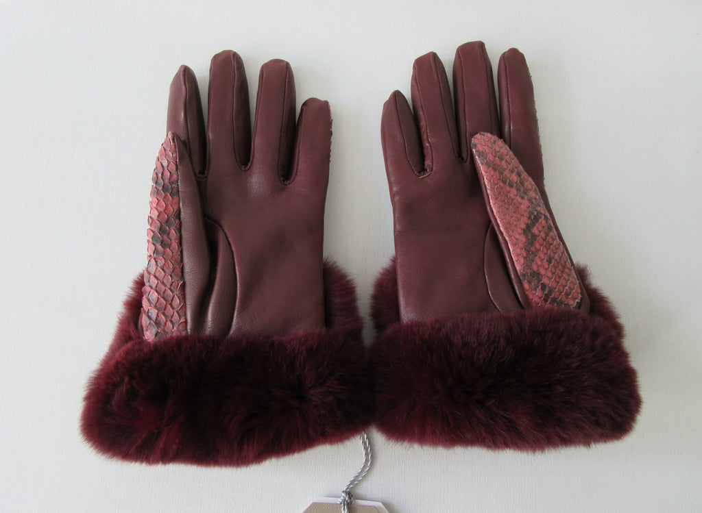 Gala Gloves Couture Bordeaux Snake Skin Gloves with Fur Trim. Item Number D571NPC027 Bordeaux. Red Snakeskin gloves with dark red Fur trim. Fur unknown. Made in Italy. 80g approximate weight