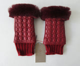 Gala Gloves Couture Red Fingerless Gloves, Item Number D596NALAD261RUB 948.010. Ruby Red coloured textured leather with knit base, leather fingerless glove with fur trim for fingers. Fur unknown. 80g approximate weight. Made in Italy