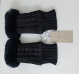 Gala Gloves Couture Navy Fingerless Gloves. Item Number D596SULA048 Blu. Navy Suede fingerless gloves with raised circular dot design, with fur trim for fingers. Navy knit base, suede gloves and fur trim. Made in Italy