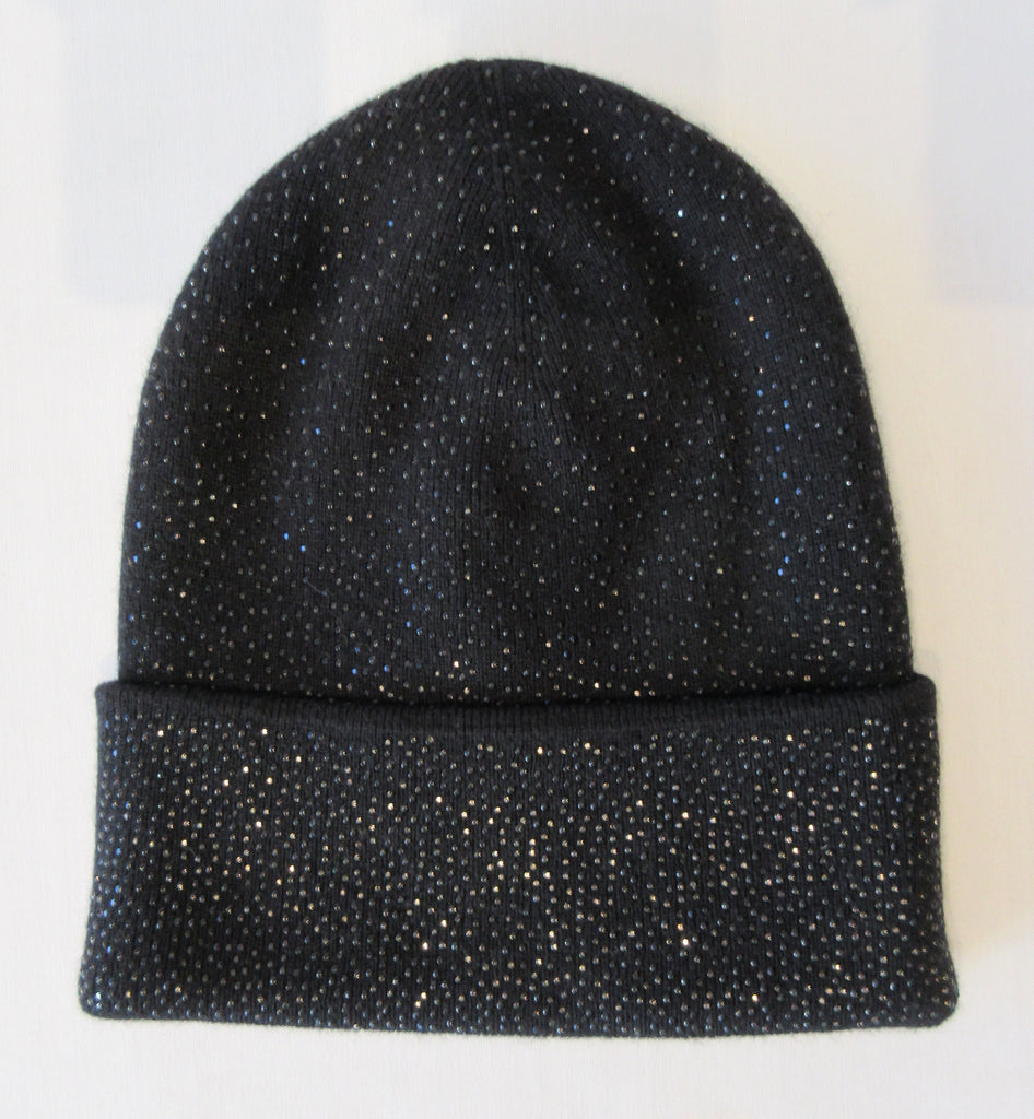 Regina Black Crystal Folding Hat. Knit Cap in Black with black shiny mini Swarowski crystals on front. Crystals can be displayed full front or worn sideways. 8cm width fold. Article 90733 SUS8M Nero. Width 21cm. Height 24cm. 55g approximate weight. 70% Wool, 30% Cashmere. Hand wash, Hang dry only. Made in Italy